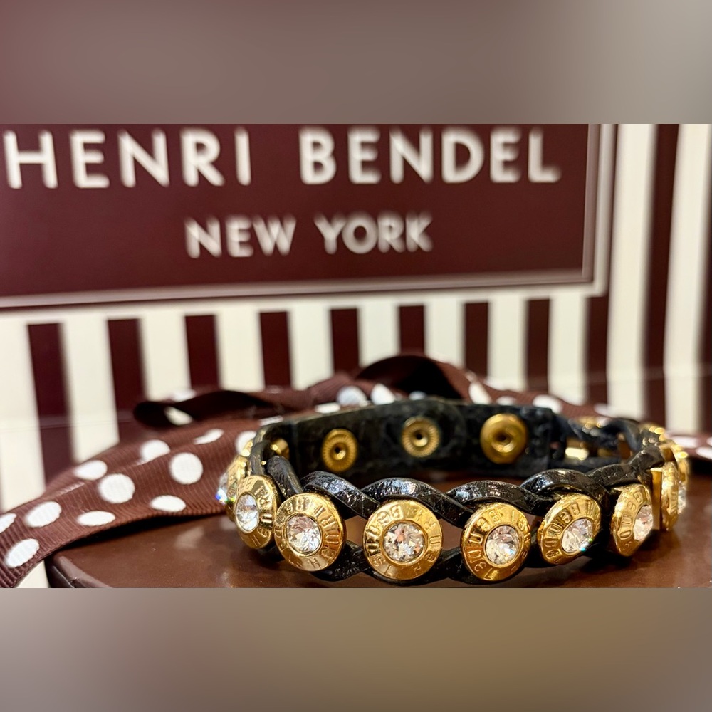 HENRI BENDEL Black/Gold Tone Crystal Leather bracelet/Adjustable/No callouts - Picture 3 of 10